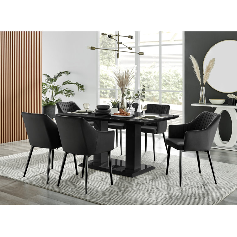 Furniture Box Eubanks High Gloss Double Pillar Dining Table Set & 4